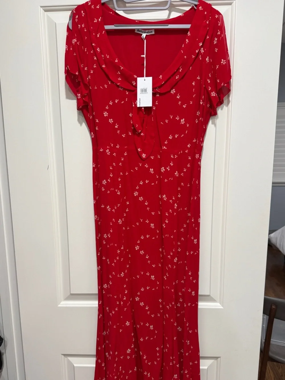 Reformation Red Floral Tie-Neck Maxi Dress